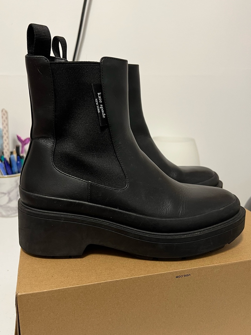 Kate Spade Black Leather Platform Chelsea Boots
